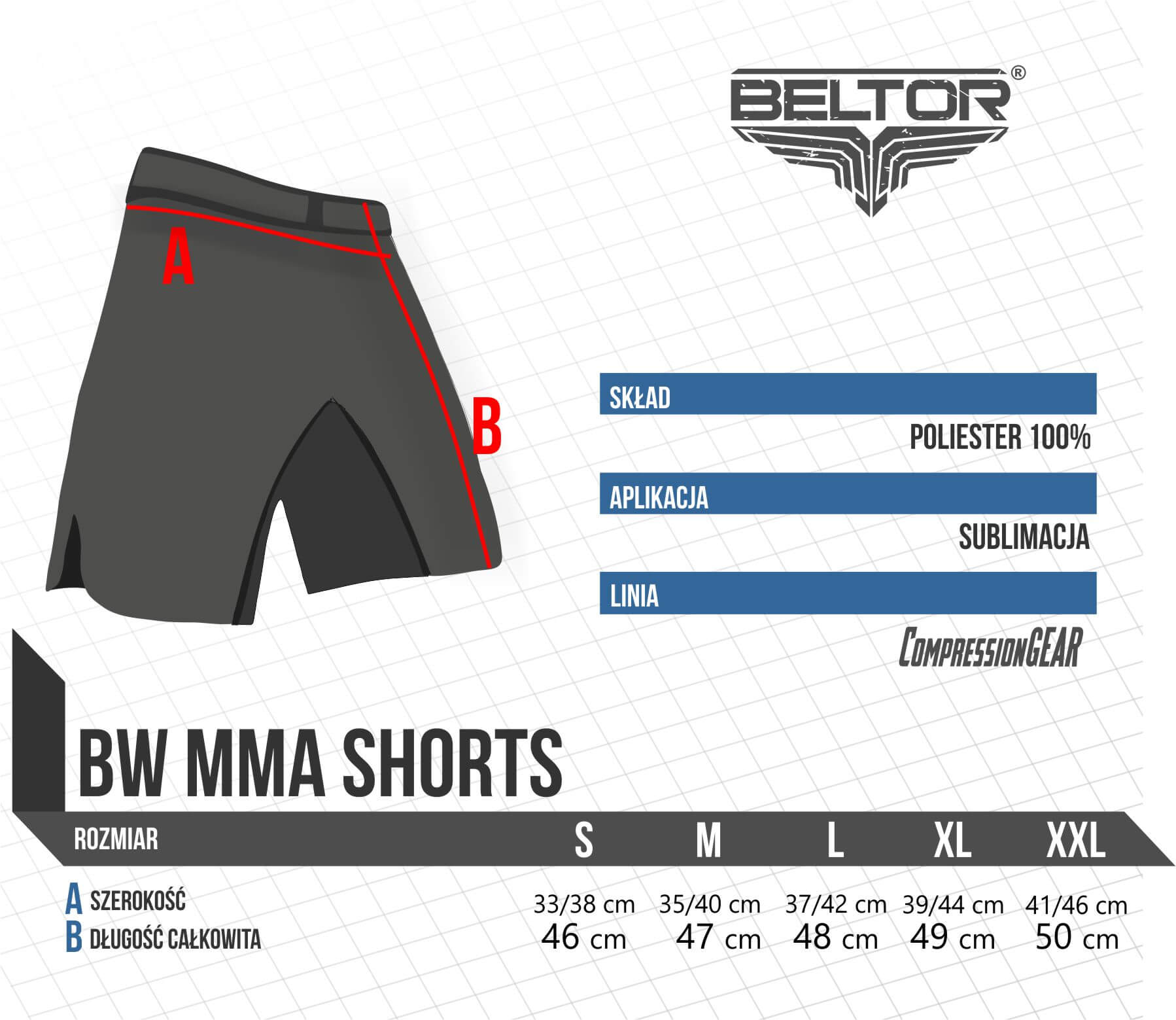 Beltor MMA Army Shorts tabela wymiarów