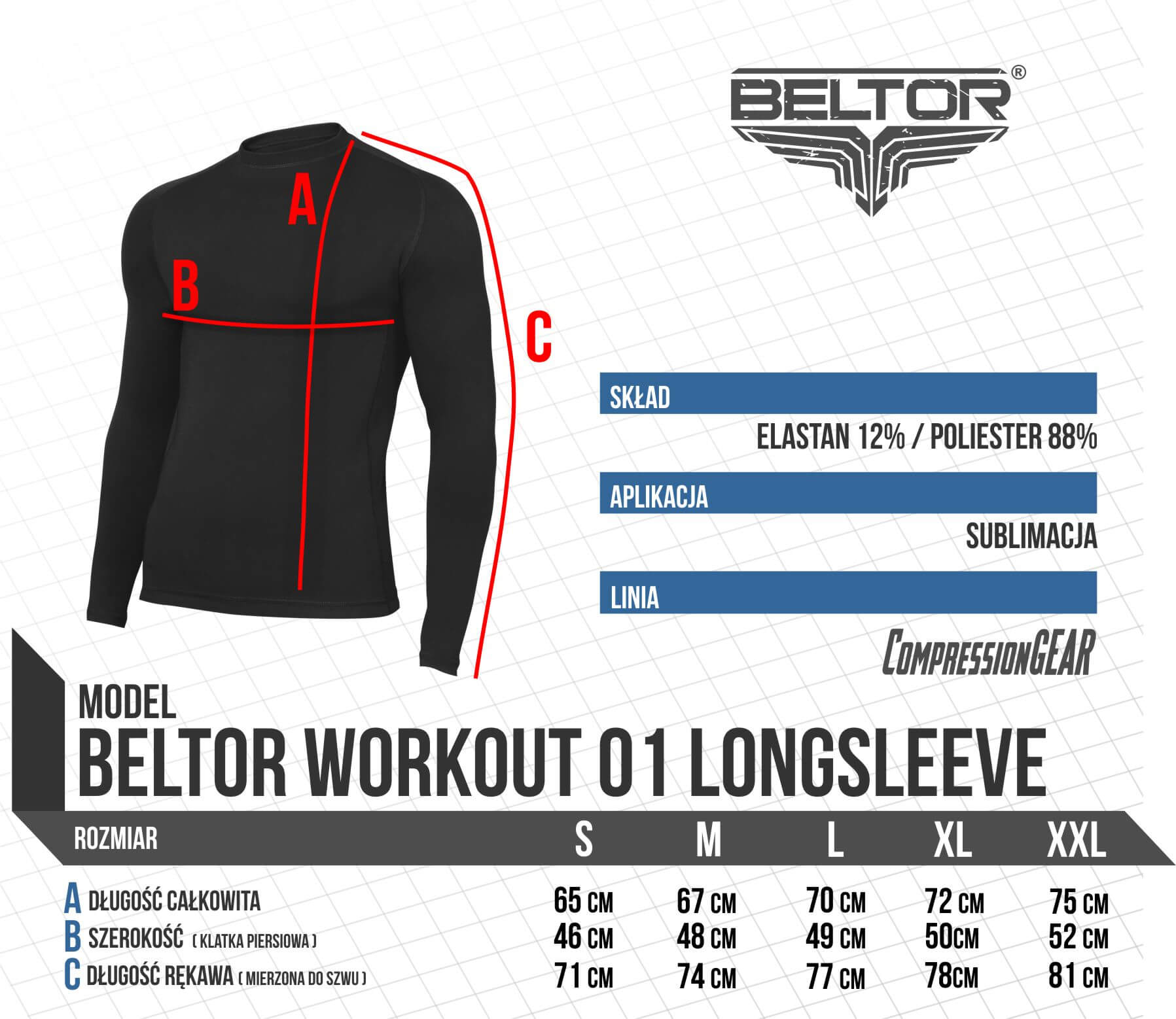 Beltor Long Sleeve Rashguard Workout 01 size chart