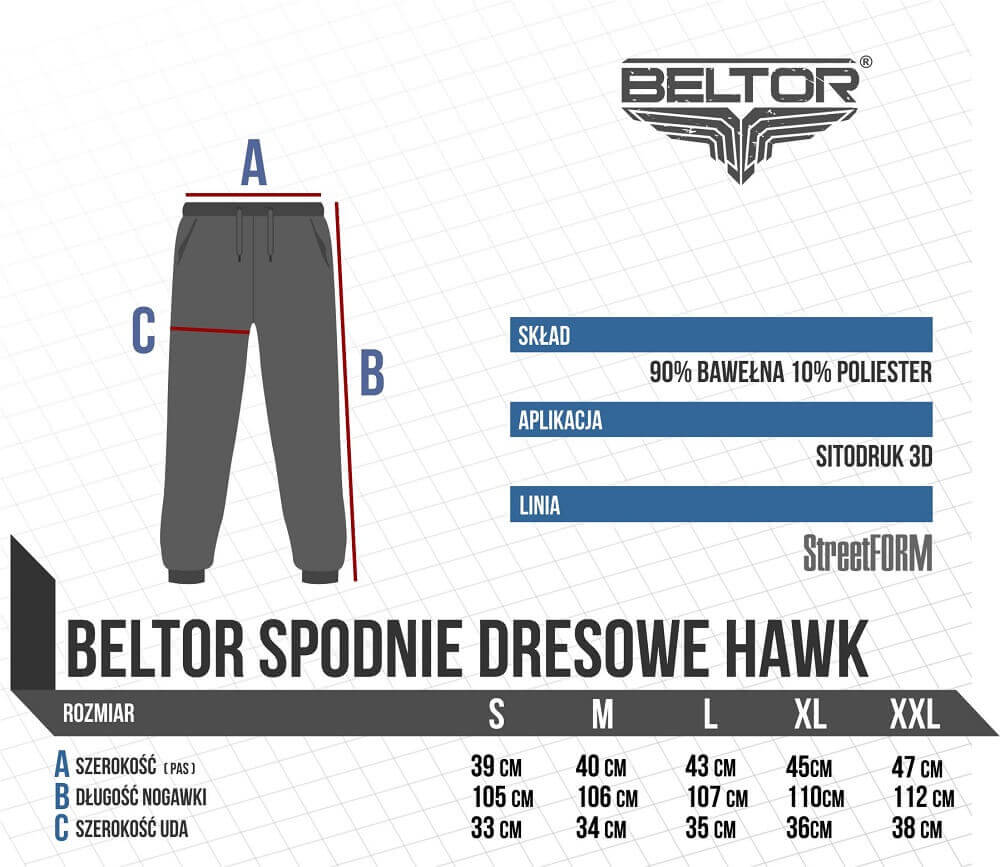 Beltor Hawk Sweatpants size chart