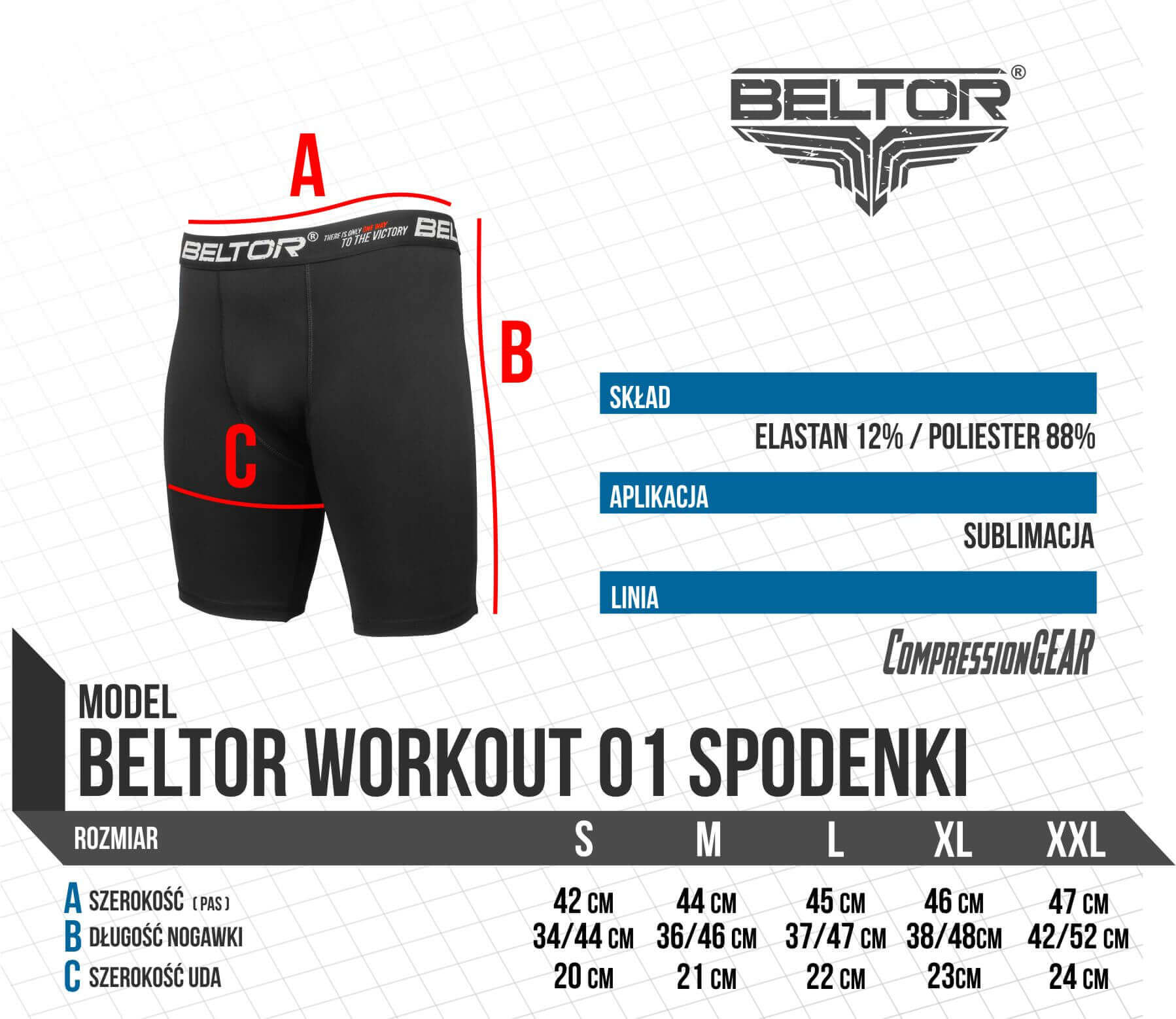 Beltor spodenki Workout 01 tabela wymiarów