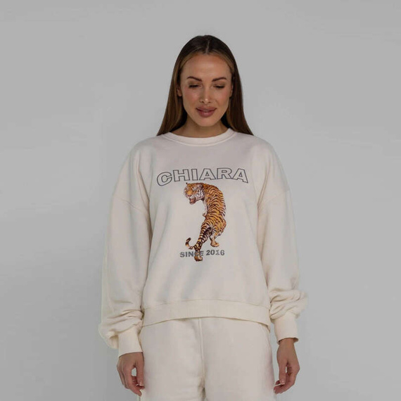 Chiara Wear - Bluza damska oversize - NADRUK RETRO TIGER - ecru