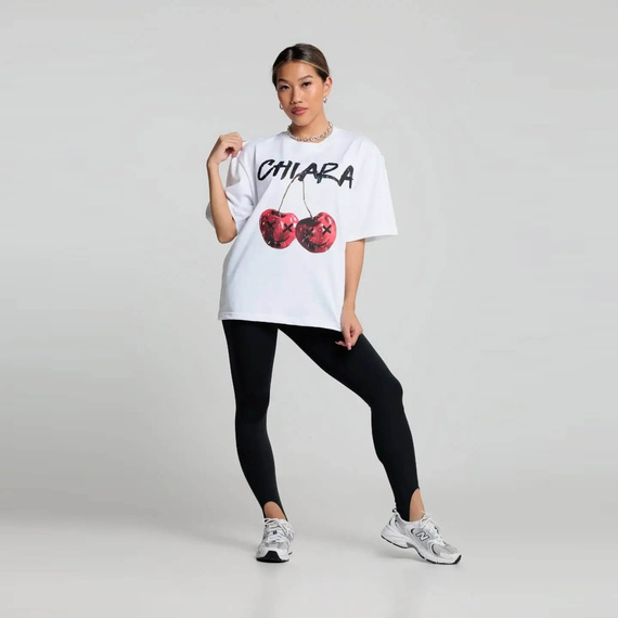 Chiara Wear - T-shirt bawełniany oversize CHERRY - biały