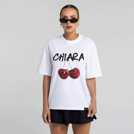 Chiara Wear - T-shirt bawełniany oversize CHERRY - biały