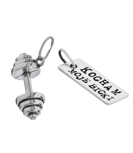 Fit Kolekcja - Srebrne zawieszki na łańcuszek DUMBBELL 001 / KOCHAM MOJE BICKI