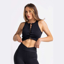 Chiara Wear - Lace Up Front Racerback Crop Tank Top - black