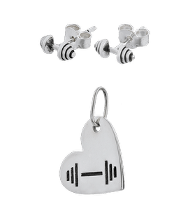 Fit Kolekcja - Zestaw srebrny Zawieszka Serce i sztangielka 01 + Kolczyki SZTANGIELKI