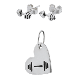 Fit Kolekcja - Set of Oxidised Sterling Silver Jewellery - HEART AND DUMBBELL Pendant & DUMBBELL Earrings Studs