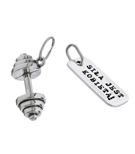Fit Kolekcja - Srebrne zawieszki na łańcuszek DUMBBELL 001 / SIŁA JEST KOBIETĄ