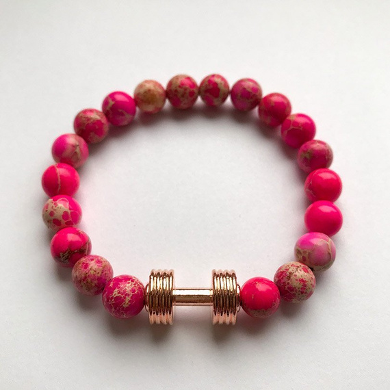 Fit Kolekcja - Bransoletka z koralików ze sztangielką rose gold & pink imperial jasper